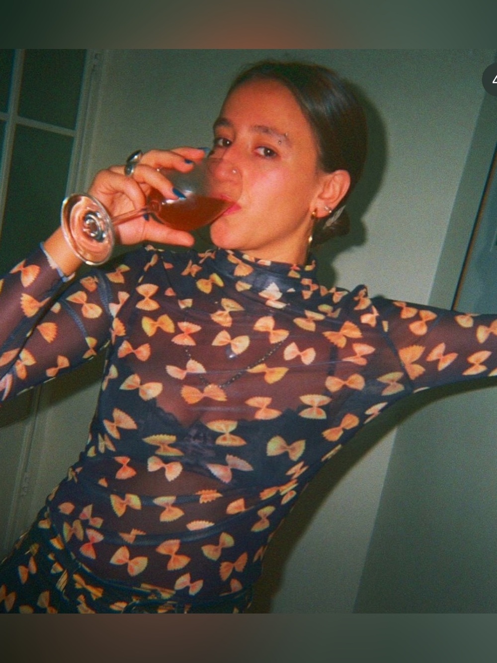 Rachel antanoff pasta sheer long sleeve top 
Sheer Long-Sleeve pasta top
